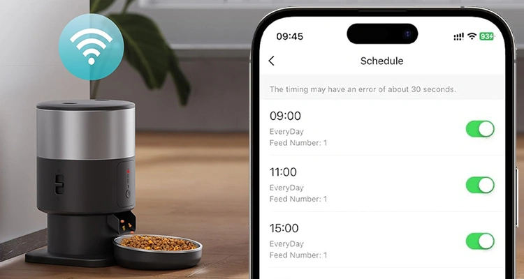 App-controlled automatic pet feeder with customizable feeding schedule.