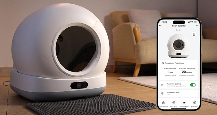 Petrust®s Automatic Self Cleaning Cat Litter Boxes with app control Canton Fair 2025 of Canton Fair 2025: Petrust® Unveils BEST Smart Pet Solutions Petrust® automatic self-cleaning cat litter box and smartphone app interface shown at Canton Fair 2025