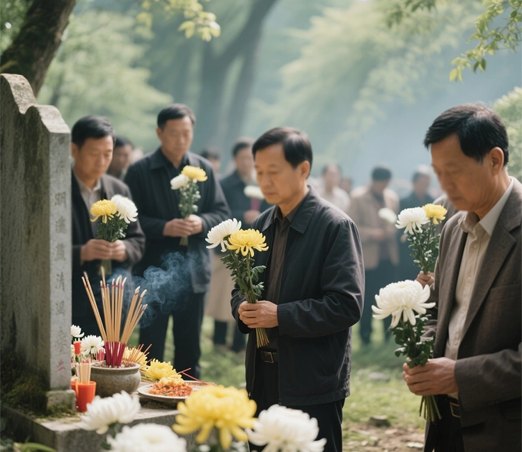 Qingming Festival 1 of Best Qingming Festival Greetings from Petrust® 2025 People honoring ancestors with flowers and incense during Qingming Festival, a traditional Chinese holiday for tomb-sweeping and remembrance.