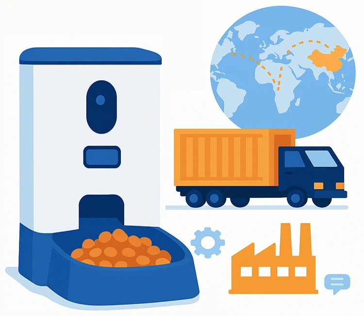 0 Import Automatic Pet Feeder from China 2025 of How to Safely & Profitably Import Automatic Pet Feeder from China 2025 Global sourcing illustration showing logistics and manufacturing to Import Automatic Pet Feeder from China.