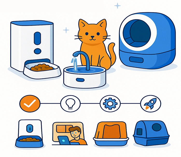1 2025 New Pet Business Startup Checklist for New Pet Brand Owners of Pet Business Startup Checklist for New Pet Brand Owners - 2025 Edition Illustration of smart pet products including feeder, water fountain, and litter box for a Pet Business Startup in 2025