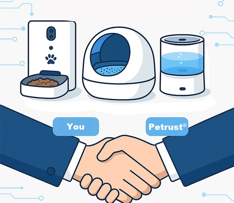Handshake between client and supplier representing OEM and ODM partnership for smart pet products.