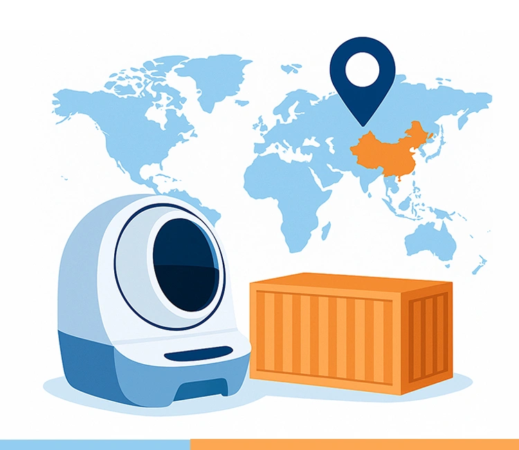 1 Ship Automatic Cat Litter Box from China of How to Ship Automatic Cat Litter Box from China (Without Overpaying 2025) World map with China highlighted, shipping container and automatic litter box – Ship Automatic Cat Litter Box from China
