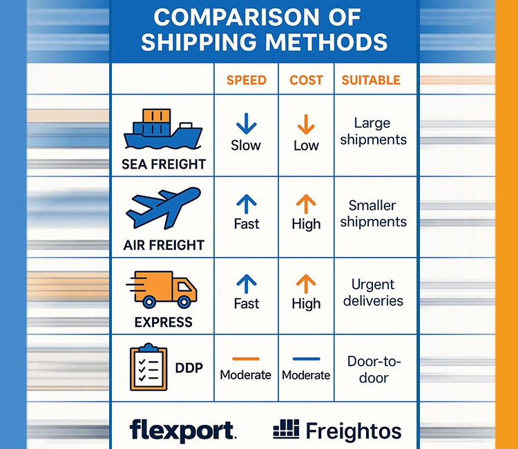10 Step 8 – Plan Your Shipping Strategy and Know What Youre Really Paying For of How to Safely & Profitably Import Automatic Pet Feeder from China 2025 Shipping methods comparison for importing automatic pet feeder from China via sea freight, air freight, express, or DDP.