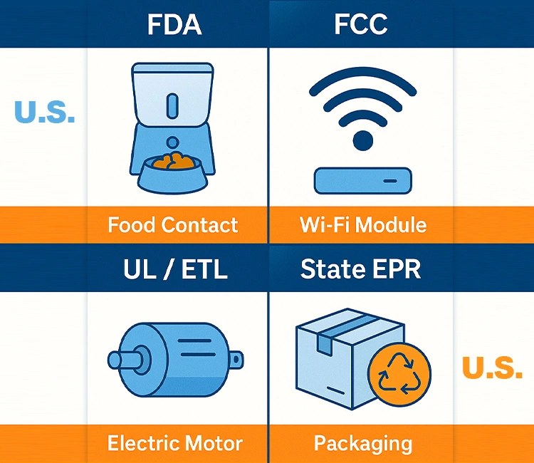 3 U.S.Automatic Cat Feeder Certifications Compliance of Automatic Cat Feeder Certifications Guide (2025): CE, FCC, FDA & More U.S. Automatic Cat Feeder Certifications: FDA, FCC, UL, State EPR Explained