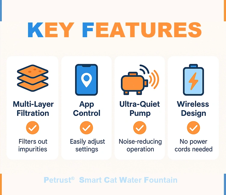 3 What to Look for in a Smart Cat Water Fountain That Sells of Smart Cat Water Fountain: Why It’s the Hottest Product Trend 2025 Key features of a Smart Cat Water Fountain including multi-layer filtration, app control, ultra-quiet pump, and wireless design