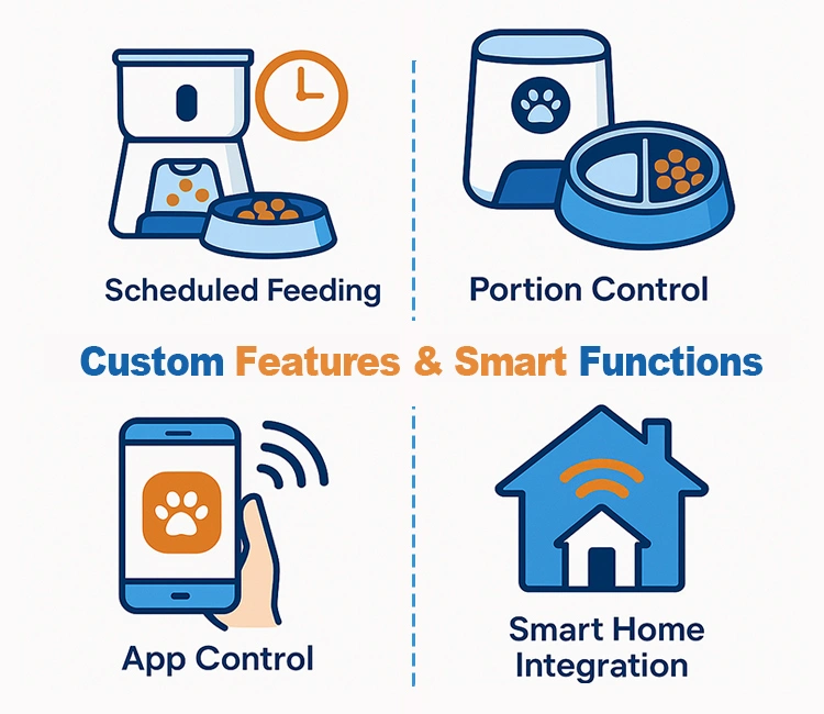 4 Add Value with Custom Features and Smart Functions of Customize Automatic Pet Feeder: Best OEM/ODM Options Explained 2025 Visual guide showing custom features like scheduled feeding, portion control, and app control to customize automatic pet feeder functionality.