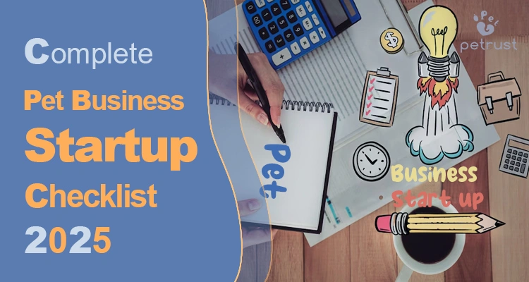 Pet Business Startup checklist 2025 with planning tools and creative launch icons