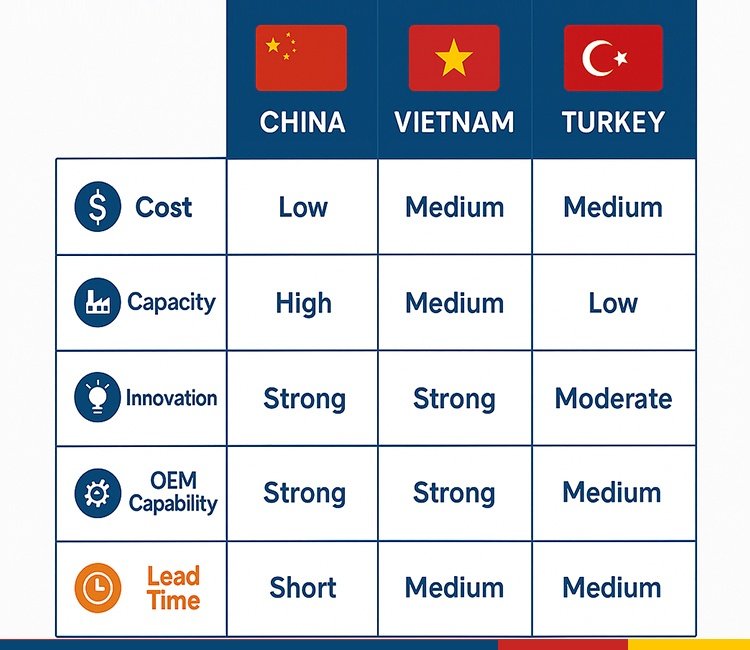 8 China vs Vietnam vs Turkey of Pet Product Manufacturers in China (2025): The Complete Guide for Global Buyers Comparison chart of pet product manufacturers in China, Vietnam, and Turkey