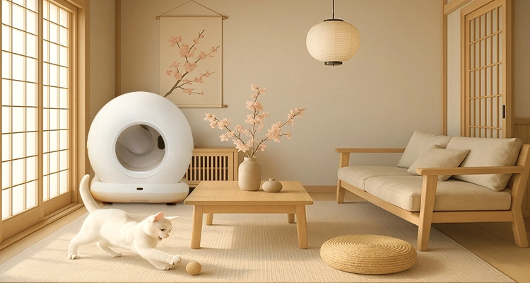 Japanese Cat Litter Box 1 of Japanese Cat Litter Box: The Complete OEM & Market Guide (2025 Edition) Minimalist Japanese interior with a smart Japanese cat litter box and a white cat playing on a tatami mat.