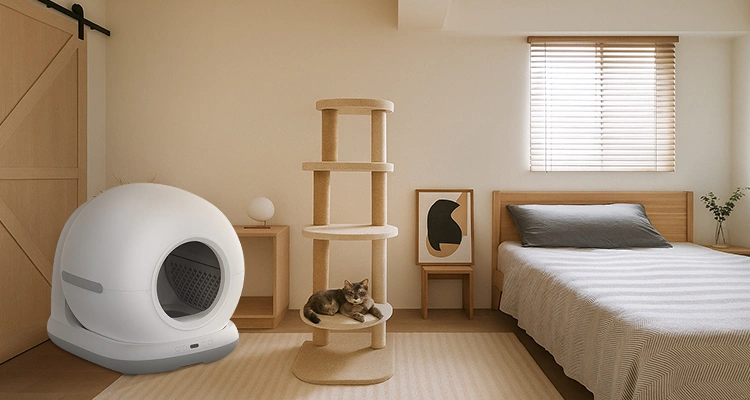 Japanese Cat Litter Box 2 of Japanese Cat Litter Box: The Complete OEM & Market Guide (2025 Edition) Japanese cat litter box in a serene bedroom with natural light and a modern cat tower.
