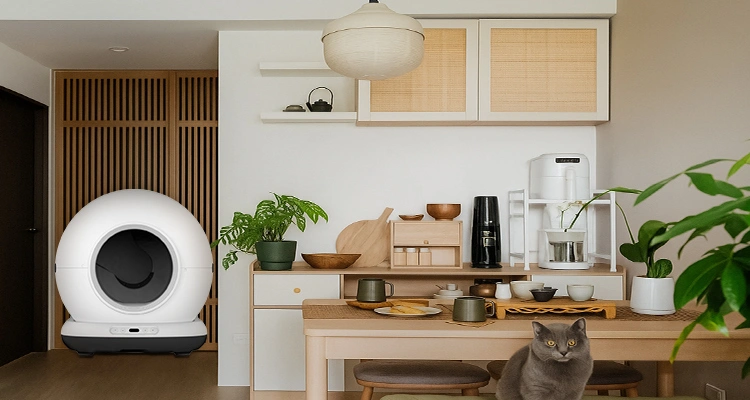 Japanese Cat Litter Box 3 of Japanese Cat Litter Box: The Complete OEM & Market Guide (2025 Edition) Smart Japanese cat litter box in a cozy kitchen with wooden furniture and indoor plants.