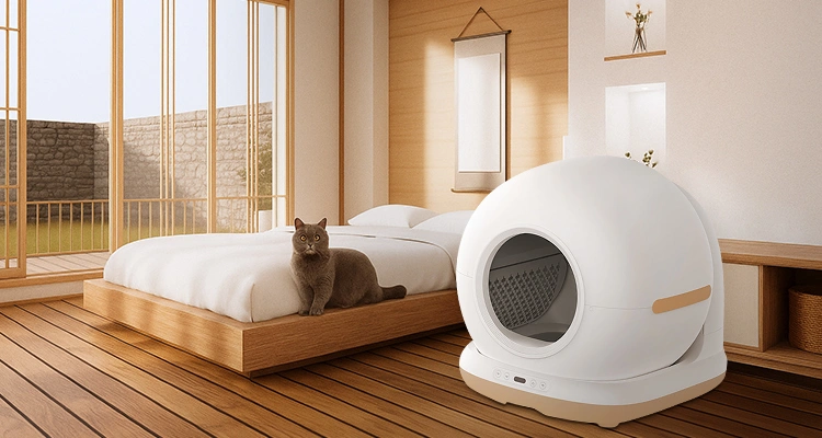 Japanese Cat Litter Box 4 of Japanese Cat Litter Box: The Complete OEM & Market Guide (2025 Edition) Japanese cat litter box in a sunlit tatami bedroom with soft wooden tones and a British Shorthair cat.