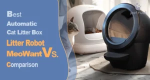 Litter Robot vs MeoWant Best Automatic Cat Litter Box Comparison 2025 of Home Automatic Cat Litter Box Comparison: A side-by-side view highlighting the sleek black Litter-Robot 4 and the white MeoWant automatic cat litter box, with a curious cat observing the MeoWant. This image visually represents a 'Litter Robot vs MeoWant' comparison.