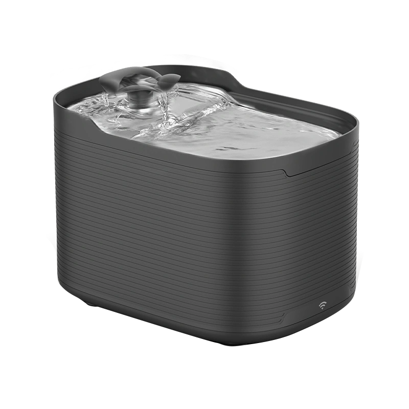 Petrust®️ WF315 Smart WiFi Pet Water Fountain in black – modern side view with flowing water