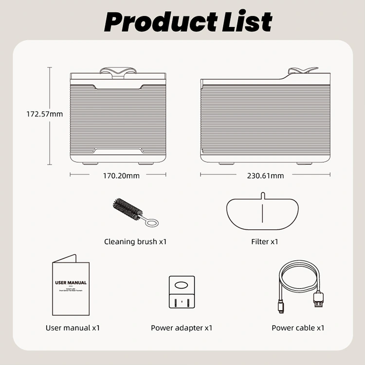 Petrust®️ WF315 Product list of Petrust®️ WF315 Smart WiFi Pet Water Fountain Parts and accessories included with Petrust®️ WF315 Smart WiFi Pet Water Fountain, including filter, adapter, and user manual.