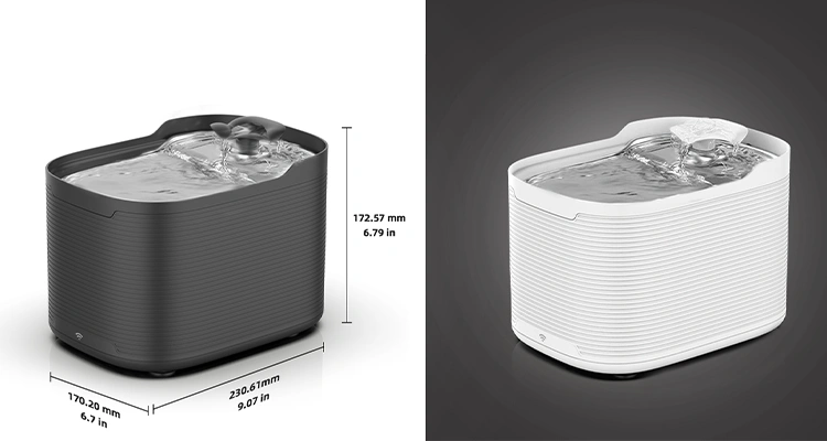 Petrust®️ WF315 Product size color option of Petrust®️ WF315 Smart WiFi Pet Water Fountain Petrust®️ WF315 Smart WiFi Pet Water Fountain displayed in black and white color options with dimensions.