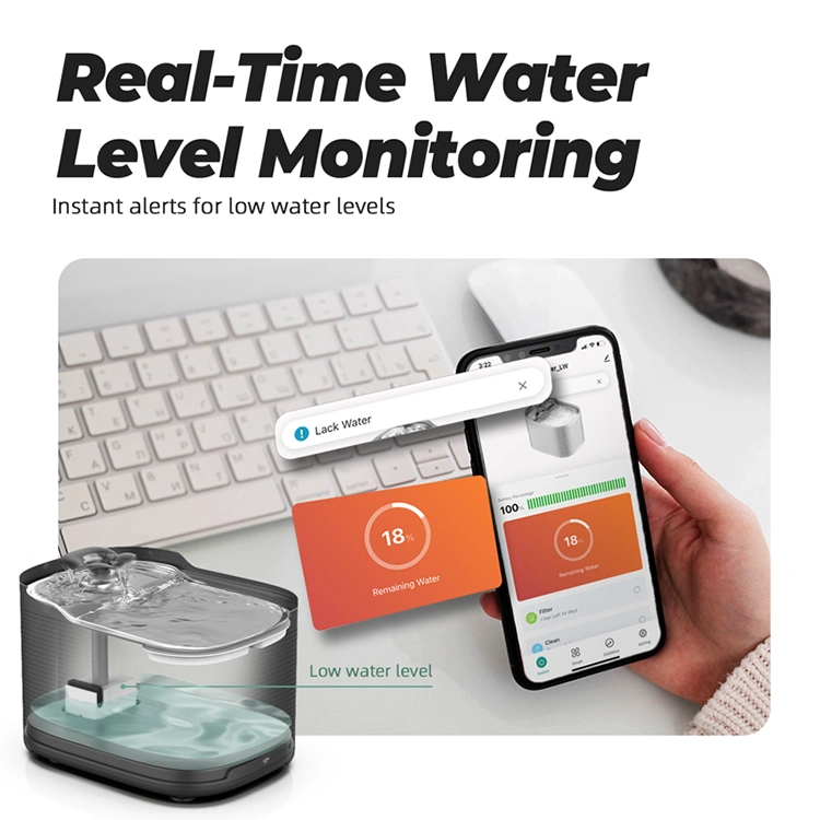 Petrust®️ WF315 Real time water level monitoring of Petrust®️ WF315 Smart WiFi Pet Water Fountain App notification showing low water alert for Petrust®️ WF315 Smart WiFi Pet Water Fountain.