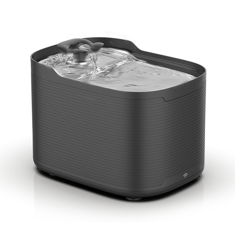 Petrust®️ WF315 Smart WiFi Pet Water Fountain in black – modern side view with flowing water