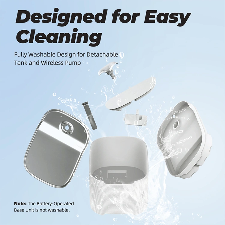 WF215 Design for easy cleaning of Petrust®️ WF215 Cordless Pet Water Fountain Exploded view of Petrust®️ WF215-Cordless-Pet-Water-Fountain showing its fully washable components.