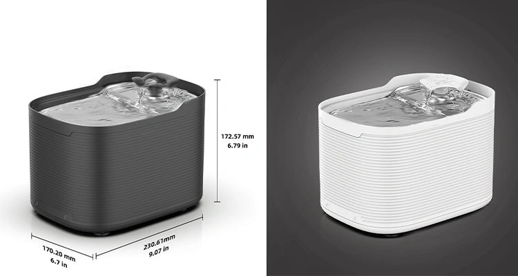 WF215 Product size color option of Petrust®️ WF215 Cordless Pet Water Fountain Black and white models of Petrust®️ WF215-Cordless-Pet-Water-Fountain with size dimensions.
