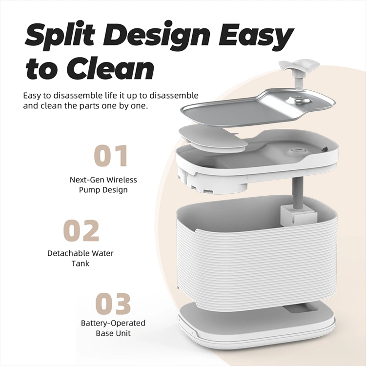 WF215 Split design easy to clean of Petrust®️ WF215 Cordless Pet Water Fountain Disassembled view of Petrust®️ WF215-Cordless-Pet-Water-Fountain showcasing wireless pump and modular parts.