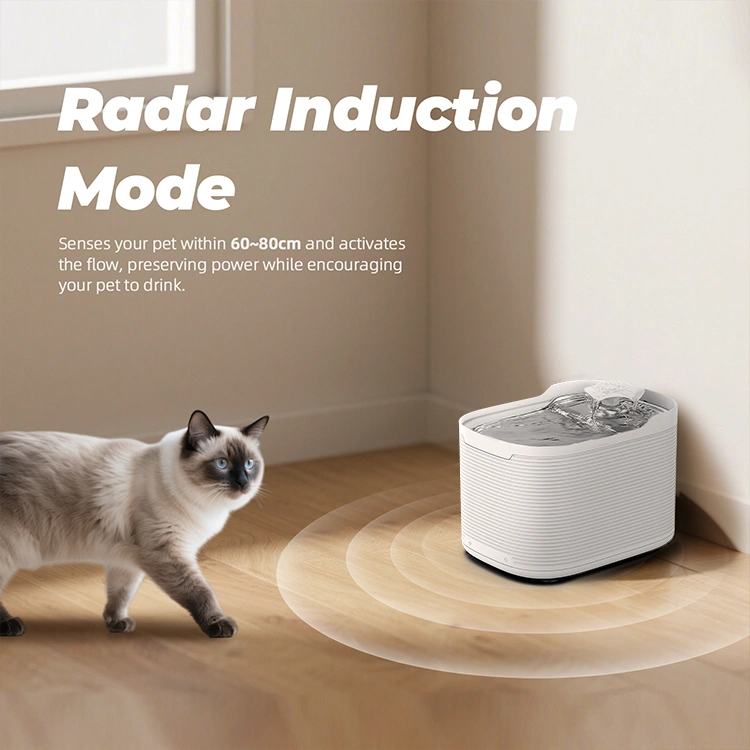WF215 Water outlet mode Radar induction mode of Petrust®️ WF215 Cordless Pet Water Fountain Petrust®️ WF215-Cordless-Pet-Water-Fountain detecting cat via radar sensor.