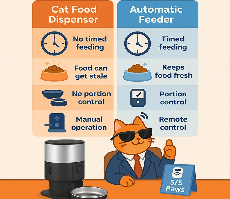 1 Cat Food Dispenser vs Automatic Feeder Quick Comparison of Cat Food Dispenser vs Automatic Feeder – Which is Better | Luna’s Feeder Diaries Side-by-side chart comparing cat food dispenser vs automatic feeder for portion control and freshness