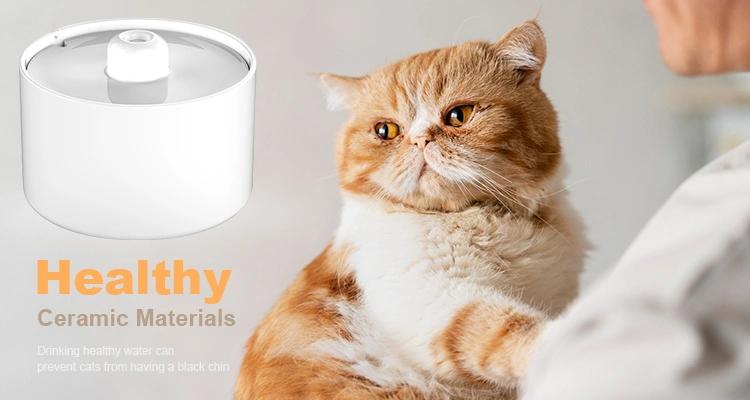 A fluffy orange and white cat looking intently towards a white ceramic cat water fountain, suggesting the pure taste and health benefits of ceramic materials.