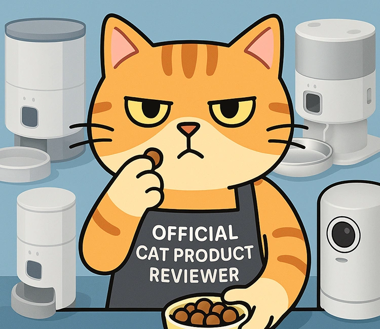 Luna the cat product reviewer evaluating the best automatic cat feeder designs.