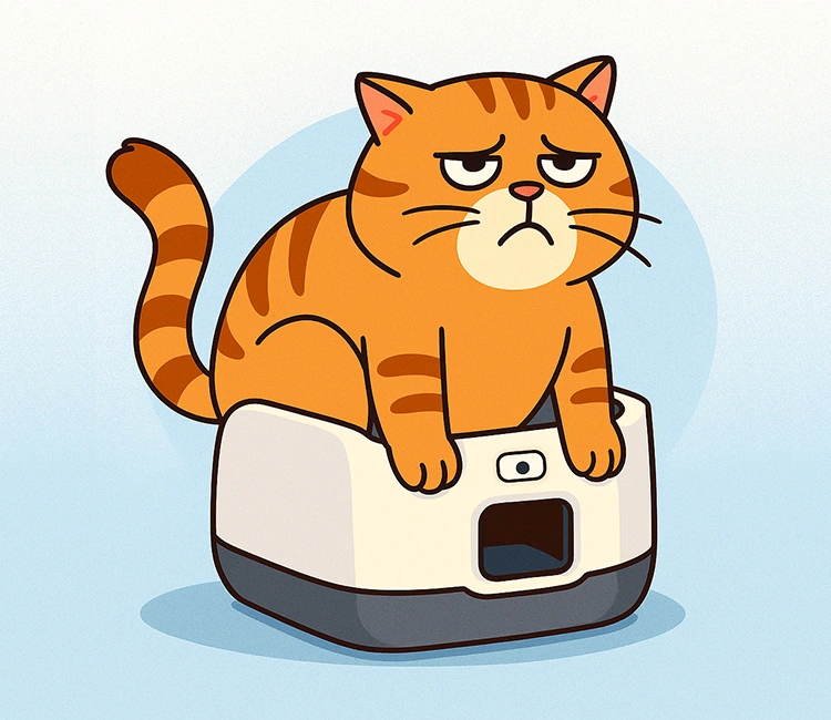 1 Why Tiny Litter Boxes Are a Big Problem of Luna’s Litter Talks: The Best Cat Litter Box for Large Cats—From a Big Kitty Like Me Disappointed cat sitting on a tiny litter box, highlighting the need for the best cat litter box for large cats