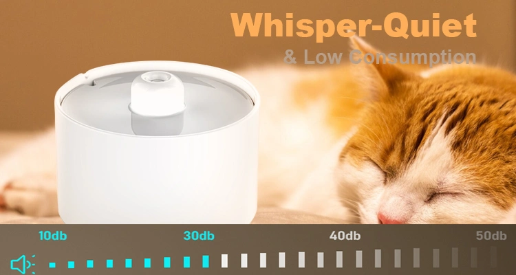 A sleeping cat peacefully resting next to a white ceramic cat water fountain, with a sound level indicator showing low decibels, demonstrating its whisper-quiet operation.