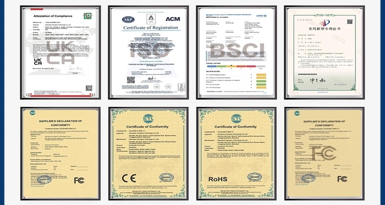A collage of various compliance and quality certifications like UKCA, ISO 9001, BSCI, CE, RoHS, and FCC, essential for avoiding automatic cat feeder sourcing pitfalls.