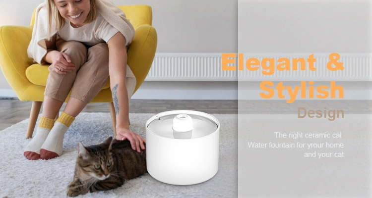 A smiling woman petting a cat next to a white ceramic cat water fountain in a stylish living room, illustrating its elegant design and seamless home integration.