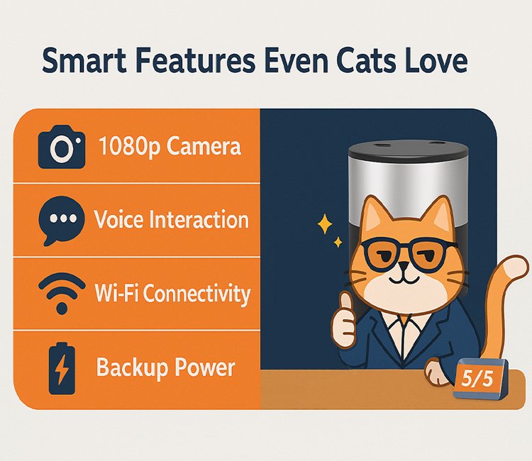 3 Smart Features Even Cats Love of Cat Food Dispenser vs Automatic Feeder – Which is Better | Luna’s Feeder Diaries Smart features comparison in cat food dispenser vs automatic feeder, including camera, voice, Wi-Fi, and backup power