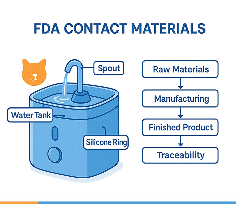 FDA Cat Water Fountain Certifications showing food-contact material safety process