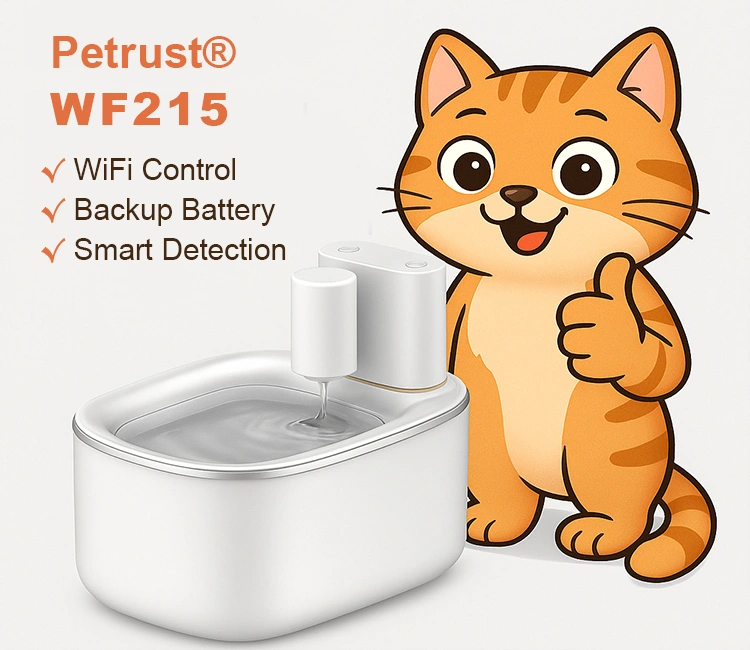 4 Petrust® WF117 Smart WiFi Pet Water Fountain of Luna’s Fountain Files: My Honest Automatic Pet Water Fountain Review Loved by Cat & Brands Automatic Pet Water Fountain Review – Petrust® WF215 cordless fountain with radar sensing and safety detection.