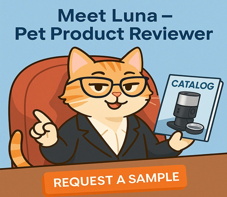 Cat Food Dispenser vs Automatic Feeder reviewer Luna holding smart feeder catalog for pet product sampling