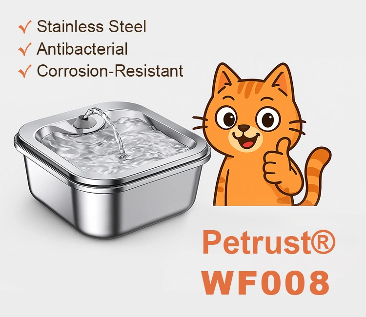 5 Petrust® WF008 Stainless Steel Pet Water Fountain of Luna’s Fountain Files: My Honest Automatic Pet Water Fountain Review Loved by Cat & Brands Automatic Pet Water Fountain Review – Petrust® WF008 stainless steel fountain with antibacterial and corrosion-resistant benefits.