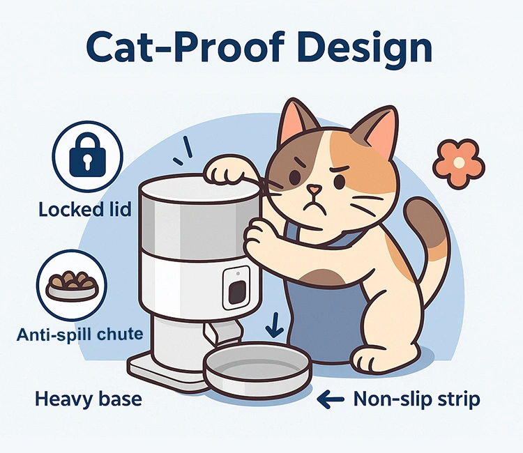 Cat-proof design of the best automatic cat feeder with secure lid, anti-spill chute, and non-slip base.