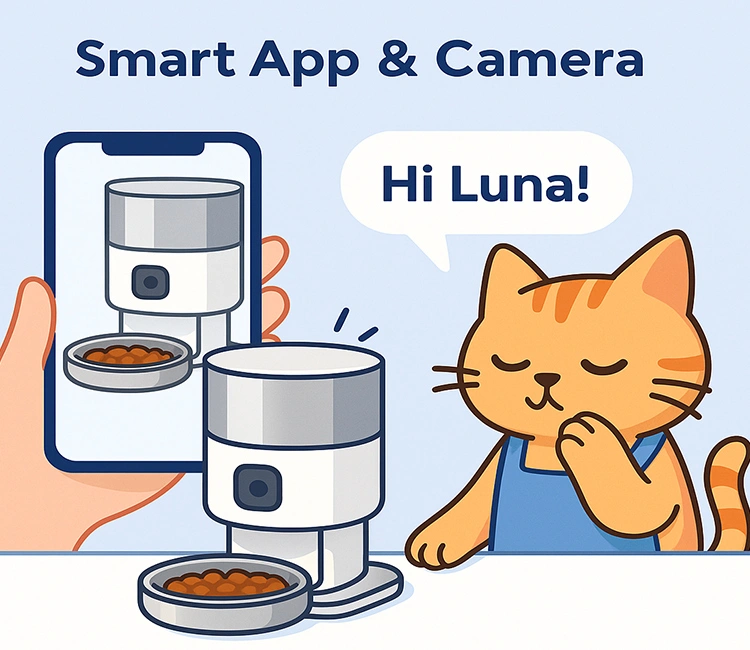 Smart app and camera features of the best automatic cat feeder allowing remote feeding and monitoring.