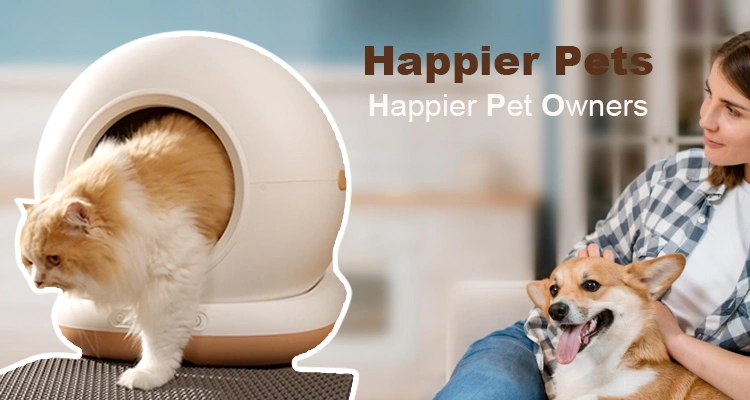Happier Pets Happier Pet Owners of Why a Dog-Proof Litter Box Is a Must for Multi-Pet Homes – Luna’s Litter Talks A cat exiting an automatic litter box while a woman pets a dog, symbolizing 'Happier Pets, Happier Pet Owners' with a dog-proof litter box solution.