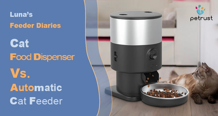 Cat Food Dispenser vs Automatic Feeder – Luna’s Feeder Diaries cover image with smart feeder and curious cat