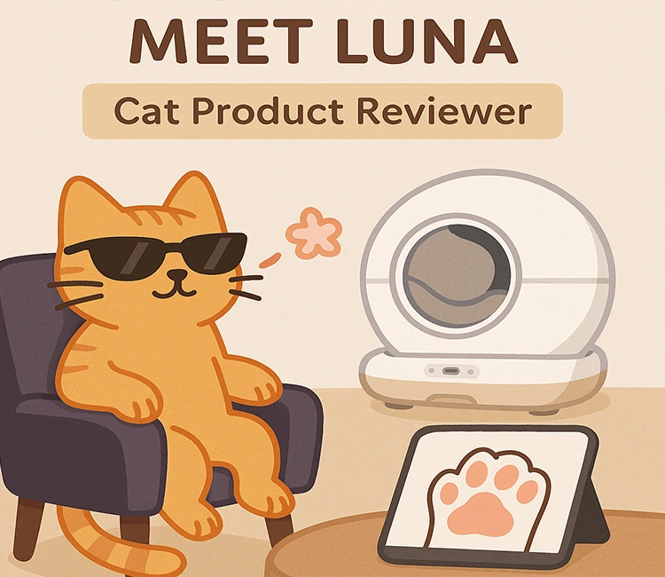 Luna the cat reviewer sitting with a Self-Cleaning Cat Litter Box in the background