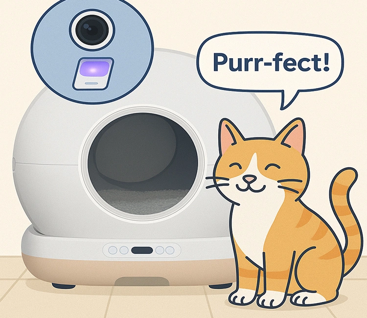Happy orange cat next to a Self-Cleaning Cat Litter Box with camera and smart features