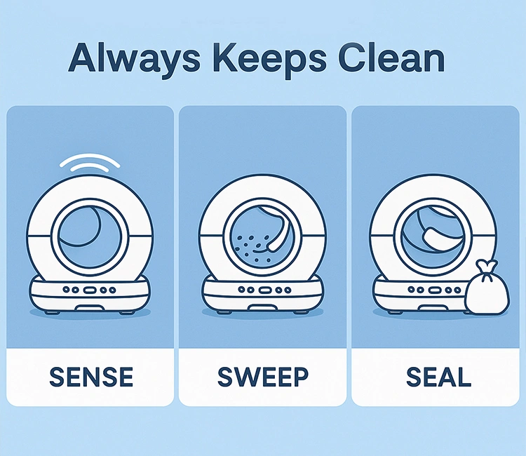 Smart Self-Cleaning Cat Litter Box with automatic sensing, sweeping, and sealing system