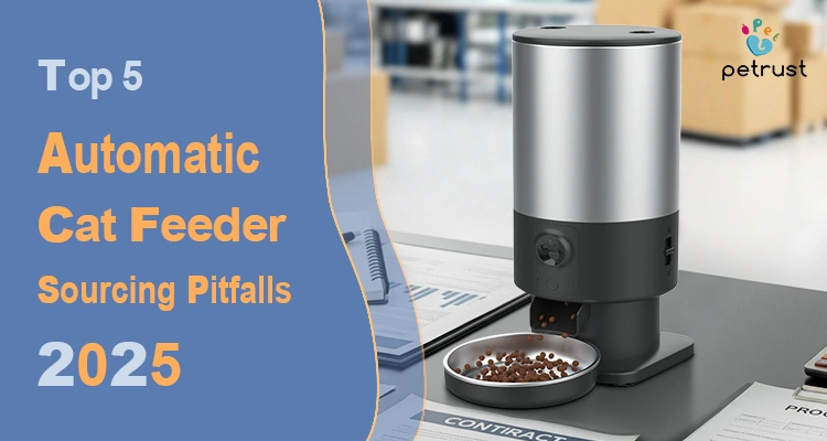 A sleek silver automatic cat feeder on a desk with business documents, illustrating common automatic cat feeder sourcing pitfalls when importing from China in 2025.