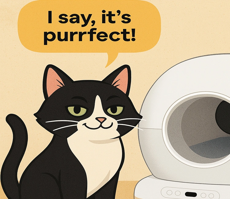 Black and white cartoon cat praising its Self-Cleaning Cat Litter Box