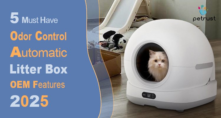 A white smart self-cleaning litter box with a fluffy cat inside, demonstrating must-have odor control automatic litter box OEM features for importers in 2025.
