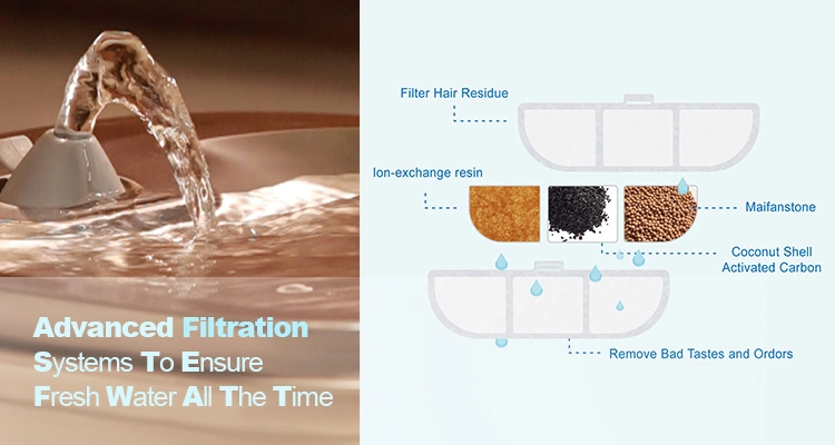 A close-up of a cat water fountain's spout next to a filtration diagram, detailing the advanced filtration systems that solve common Cat Water Fountain Problems by ensuring fresh water.